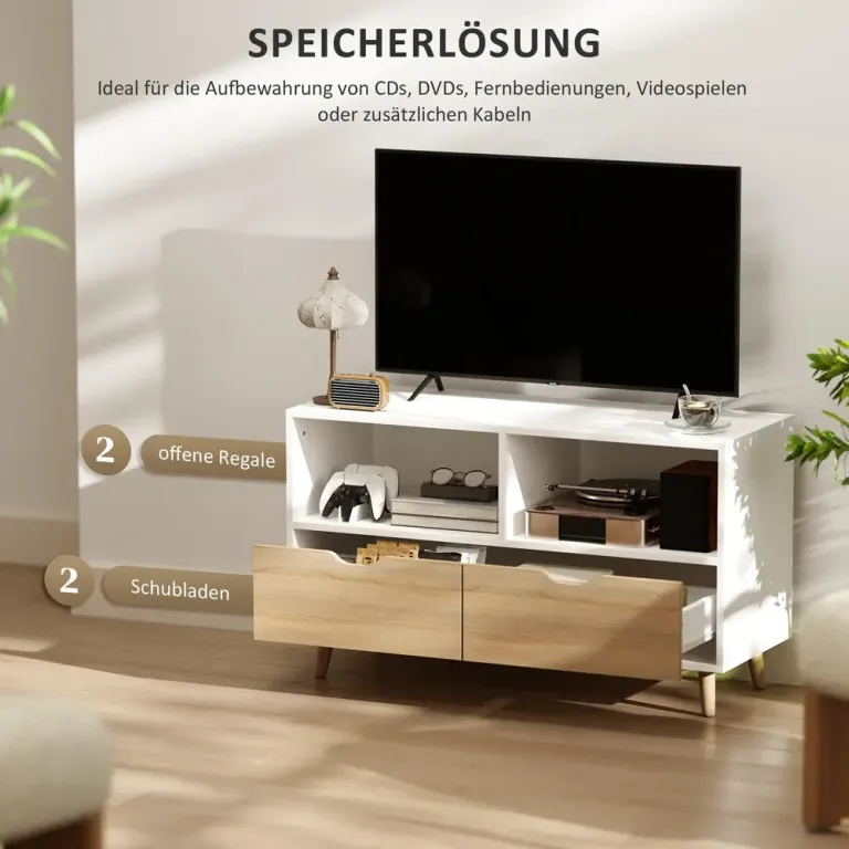 TV-Bänk TV-Skåp Lowboard med Låda Vit av Trä TV-Bord 99 cm Öppna
