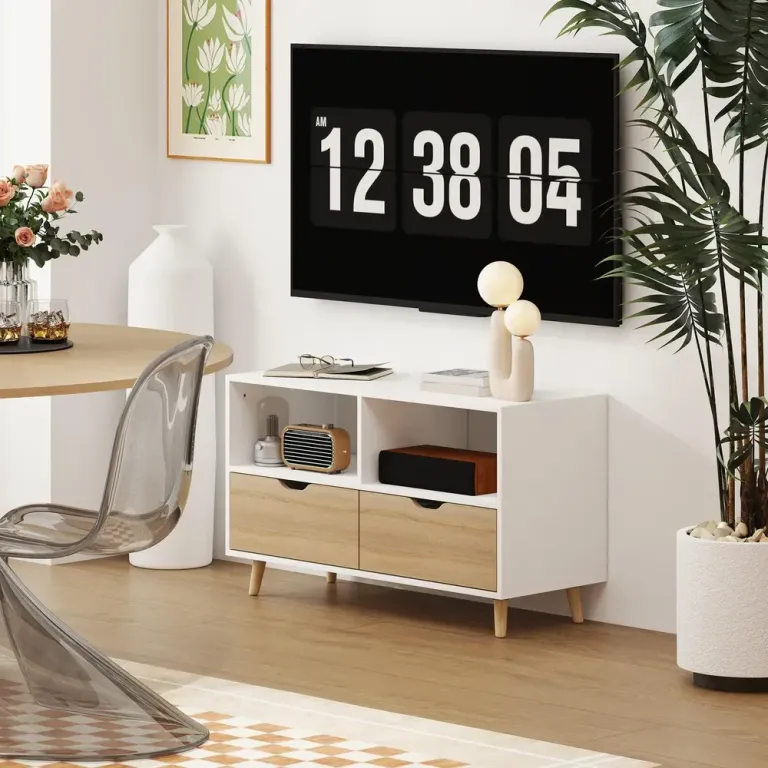TV-Bänk TV-Skåp Lowboard med Låda Vit av Trä TV-Bord 99 cm Öppna