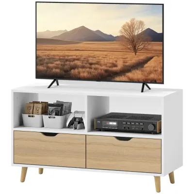 TV-Bänk TV-Skåp Lowboard med Låda Vit av Trä TV-Bord 99 cm Öppna