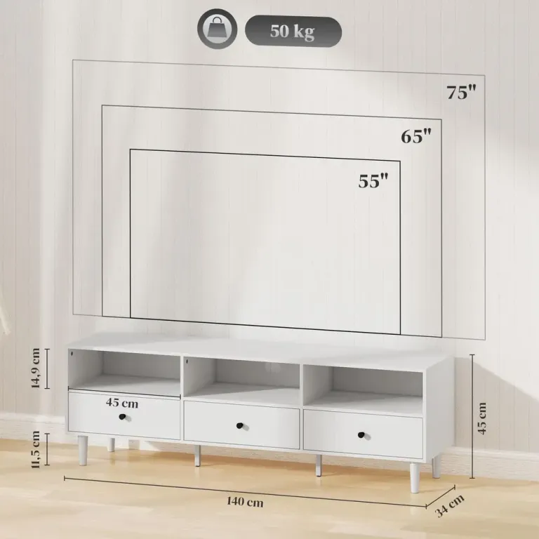 TV-Bänk TV-Skåp Lowboard Vit av Trä Lådor Öppna Fack