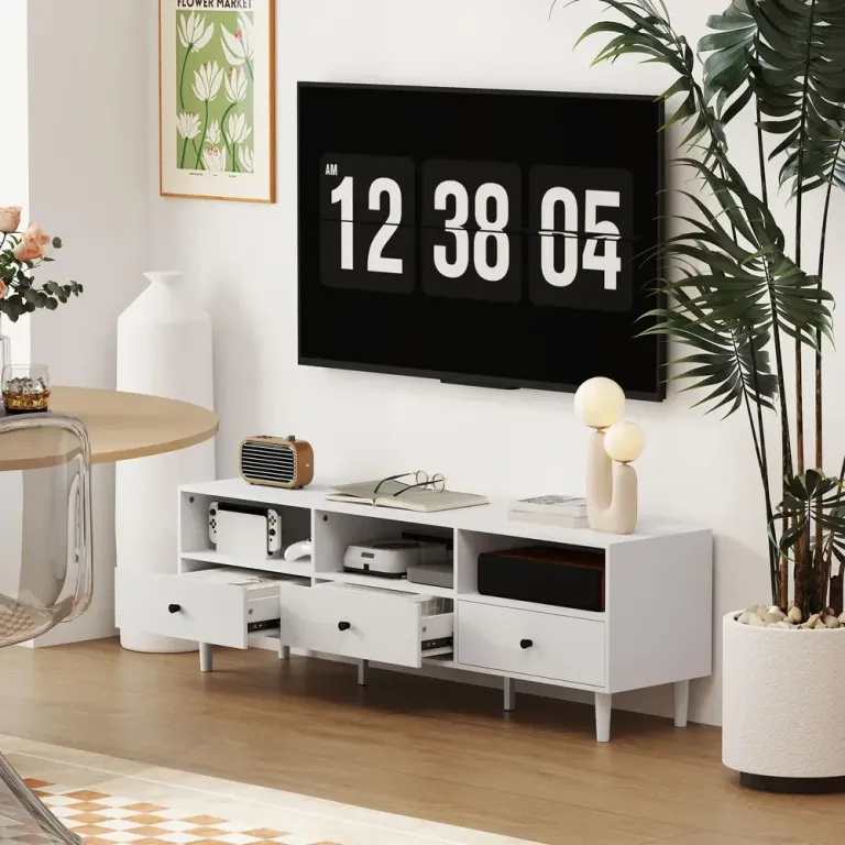 TV-Bänk TV-Skåp Lowboard Vit av Trä Lådor Öppna Fack