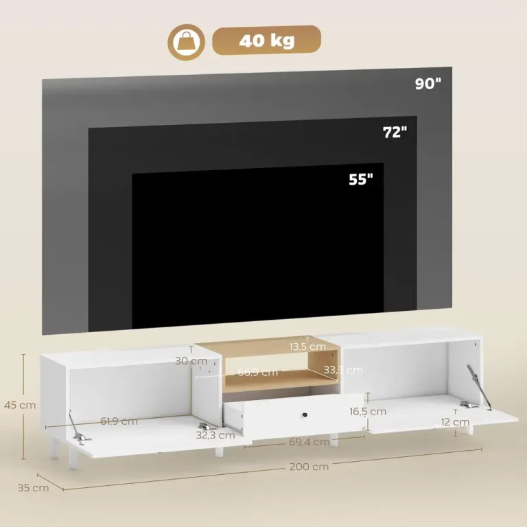 TV-Bänk Vit Spånskiva Mediamöbel för 90 Tum TV 200 cm Natur Skåp