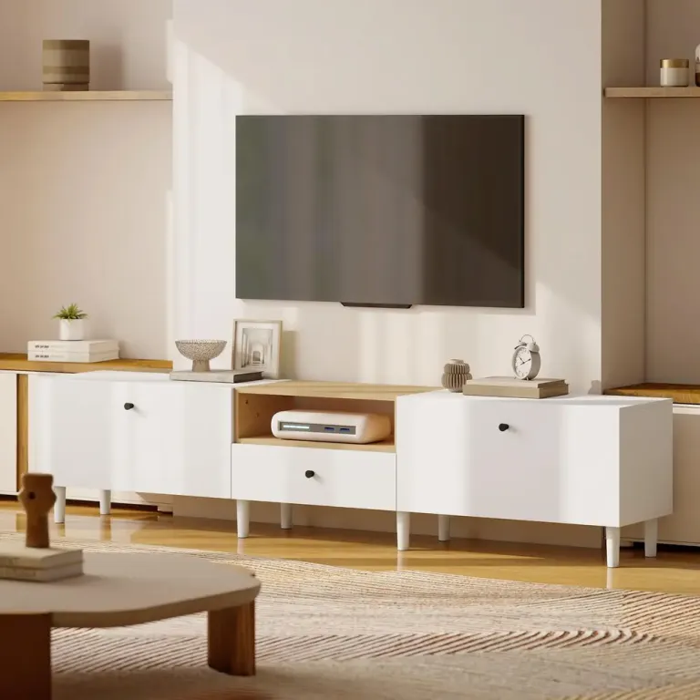 TV-Bänk Vit Spånskiva Mediamöbel för 90 Tum TV 200 cm Natur Skåp