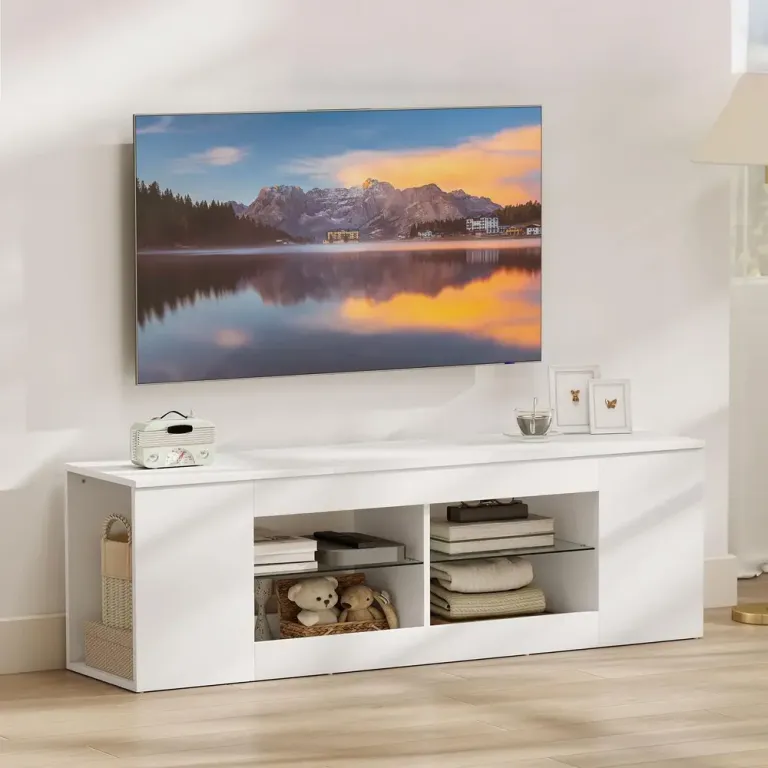 TV-Bänk Vit Spånskiva och Glas Mediamöbel 6 Fack 140 cm Hyllor