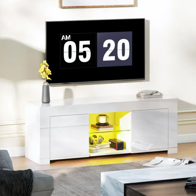 TV-Skåp med LED-Belysning 2 Skåpdörrar Glashylla Bänk Modern