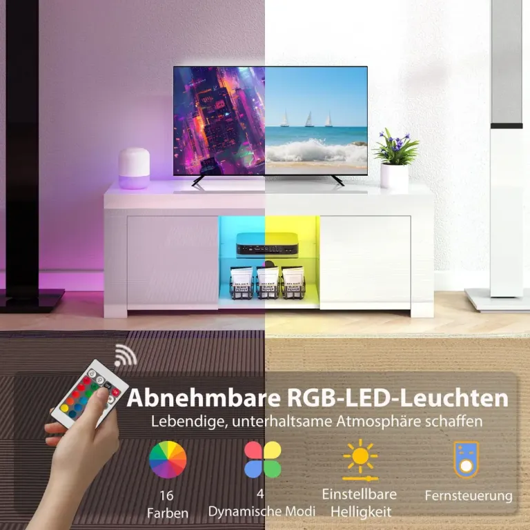 TV-Skåp med LED-Belysning 2 Skåpdörrar Glashylla Bänk Modern