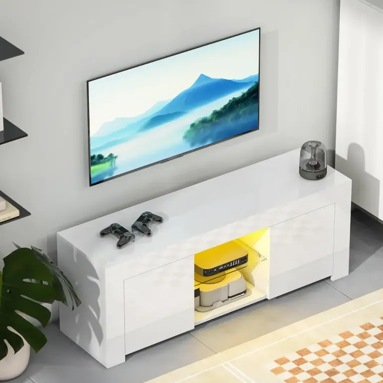 TV-Skåp med LED-Belysning 2 Skåpdörrar Glashylla Bänk Modern