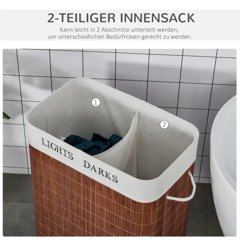 Tvättkorg i Bambu 3 Fack Rymlig, Vit Tvättbar Påse