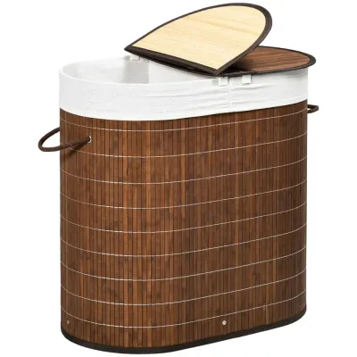 Tvättkorg i Bambu med Lock och Tvättsäck 100 l, Natur Fack Avtagbar