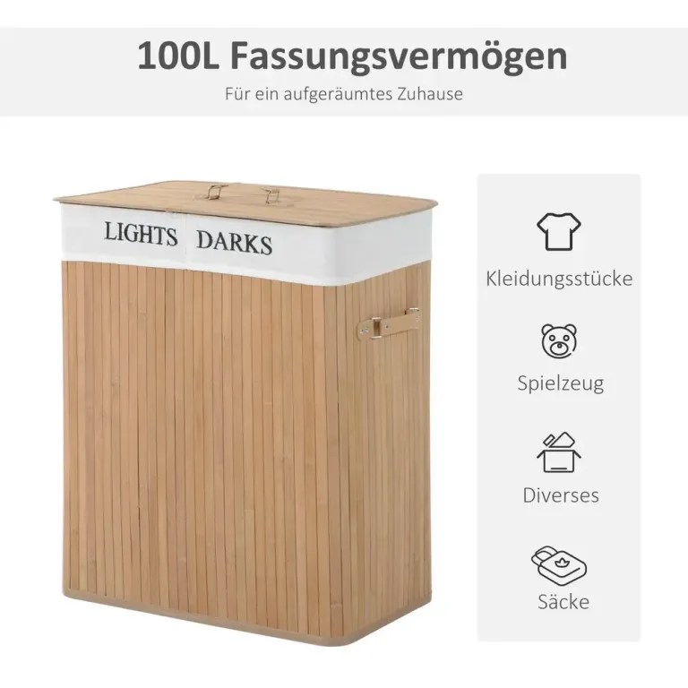 Tvättkorg Naturlig Bambu med Lock 2 Fack Tvättbar Påse