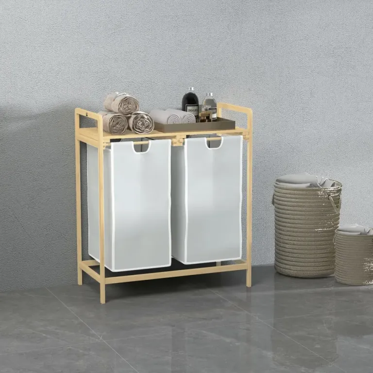 Tvättkorg Kräm av Bambu och Tyg 63,5 x 33 x 73 cm, Cremevit