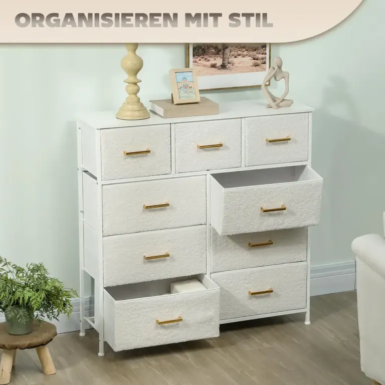 Tyg Byrå 9 Lådor Stålram Elegant Mångsidig Vit Tyglådor Sherpatyg