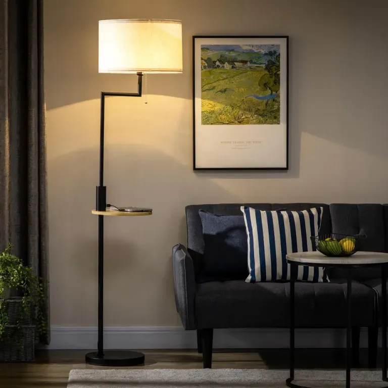 Golvlampa i Bambu med Hylla Natur/Svart 40 x 40 x 170 cm
