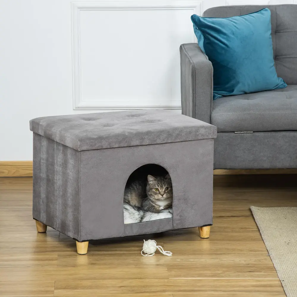 2-i-1 Kattgrotta och Fotpall med Kudde 60 x 45 x 44,5 Cm