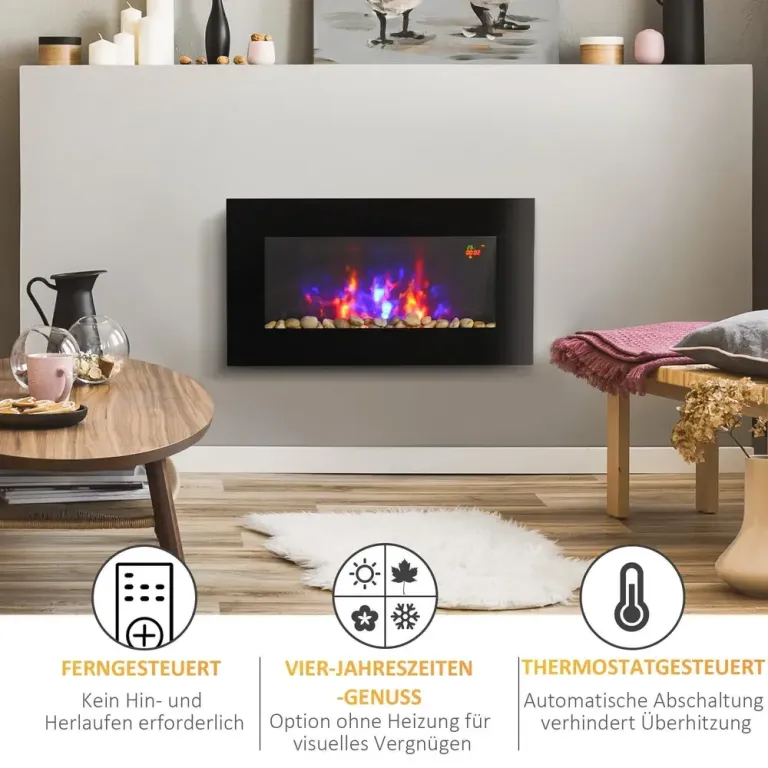 Elektrisk Väggkamin med LED-Flamma 2000 w, Svart