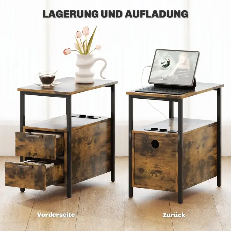 Sidobord Soffbord med Laddstation och USB Rustik Brun