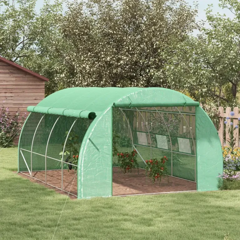Växthus Polytunnel Grön av Stål och PE Folieväxthus Rymligt Walk