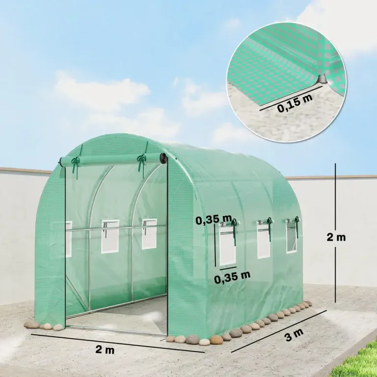 Växthus Tunnel Grön Pe-plast och Stål Folieväxthus Rullbar Dörr