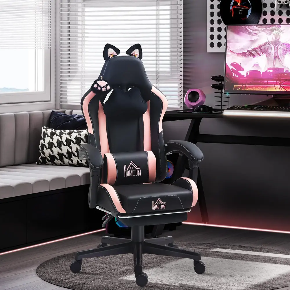 Gamingstol med Kattöron och Utdragbart Fotstöd samt