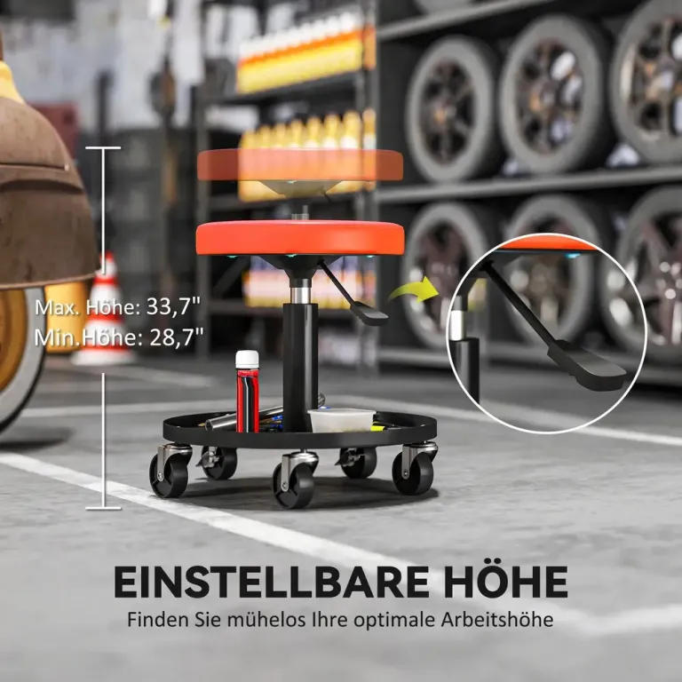 Verkstadspall Höjdjusterbar med Hjul 38–50 cm, Orange Hjulfot