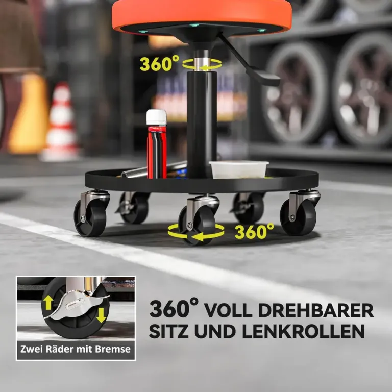 Verkstadspall Höjdjusterbar med Hjul 38–50 cm, Orange Hjulfot