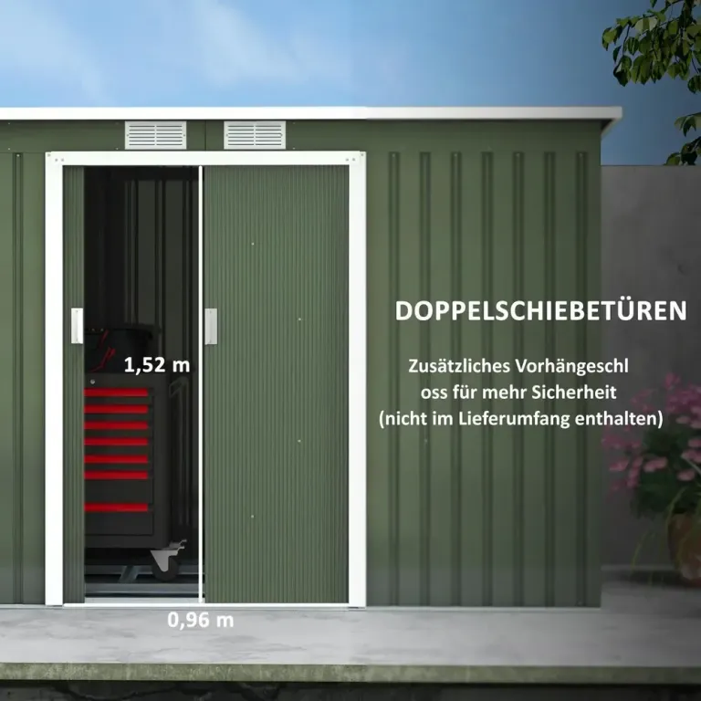 Verktygsbod Trädgårdsbod Redskapsbod Skjutdörr Metall Ljusgrön