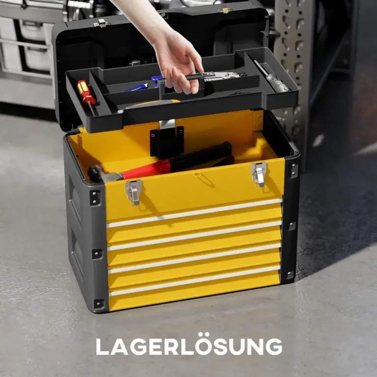 Bärbar Verktygslåda i Stål med 4 Lådor, Gul