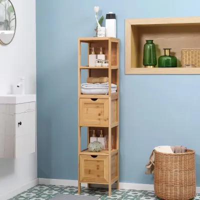 Högt Badrumsskåp i Bambu med 2 Lådor 30 x 140 cm, Natur