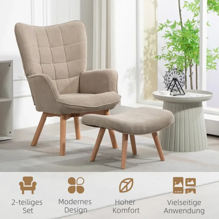 Vingstol Fåtölj Brun av Manchesterlook och Trä Relaxstol Fotpall