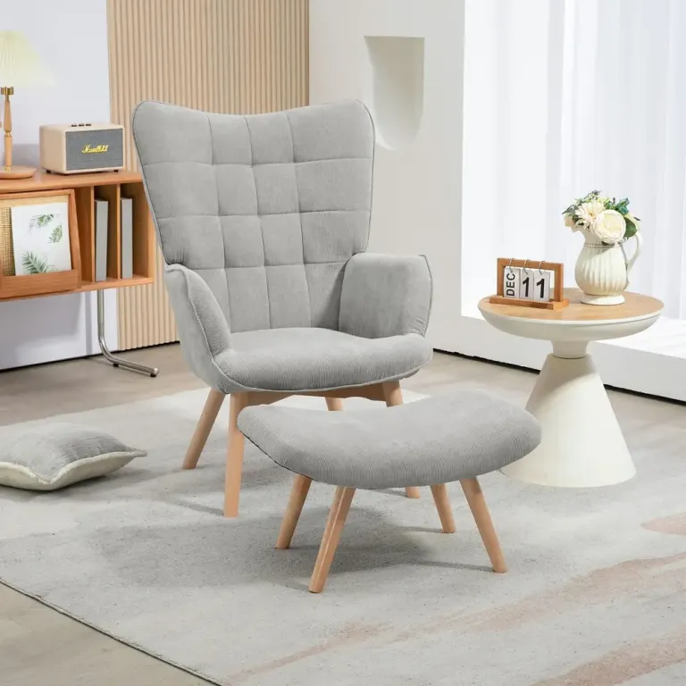 Vingstol Fåtölj Grå av Manchesterlook och Trä Relaxstol Fotpall