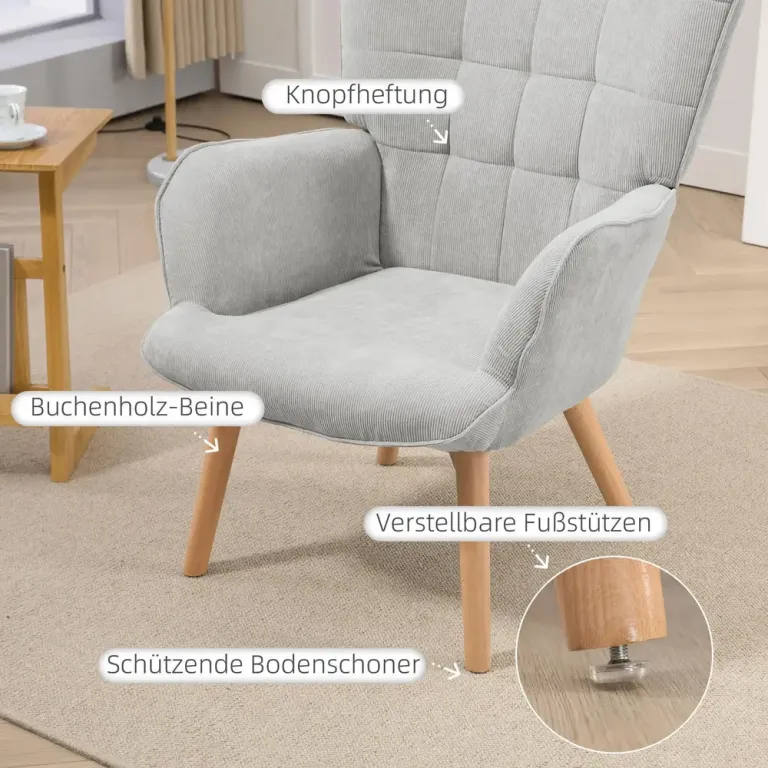 Vingstol Fåtölj Grå av Manchesterlook och Trä Relaxstol Fotpall