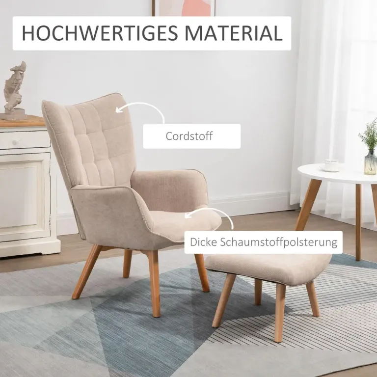 Vingstol med Pall Relaxstol Beige av Tyg med Sladdlook Ergonomisk