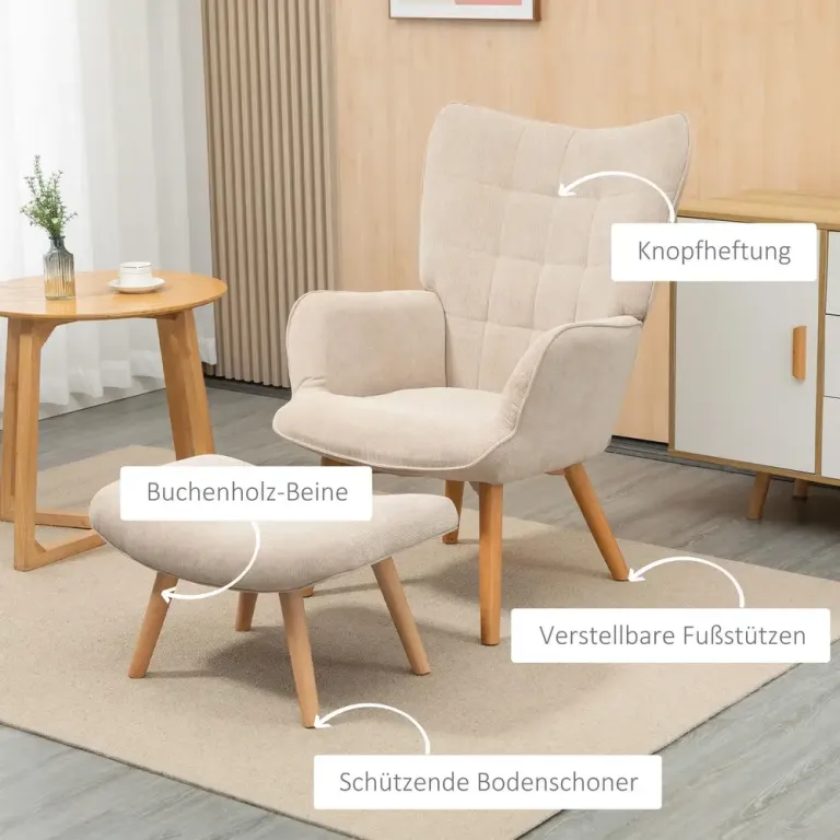 Vingstol med Pall Relaxstol Beige av Tyg med Sladdlook Ergonomisk