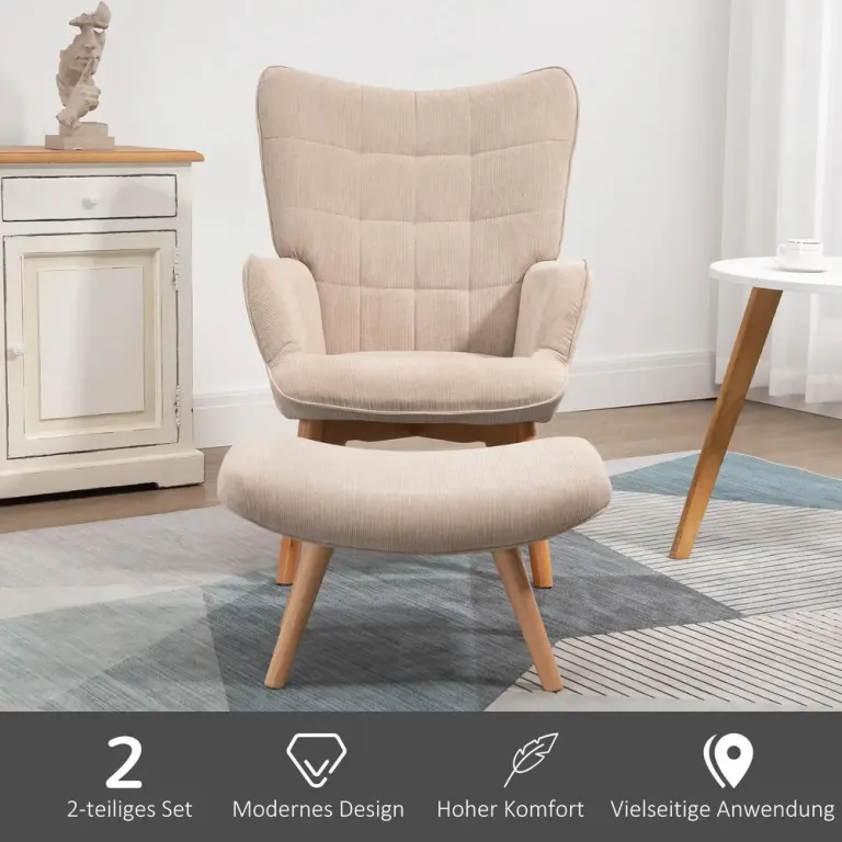 Vingstol med Pall Relaxstol Beige av Tyg med Sladdlook Ergonomisk