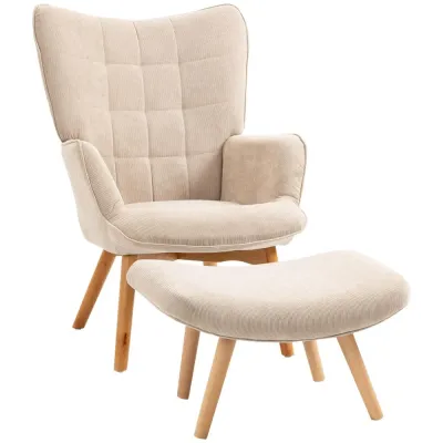 Vingstol med Pall Relaxstol Beige av Tyg med Sladdlook Ergonomisk