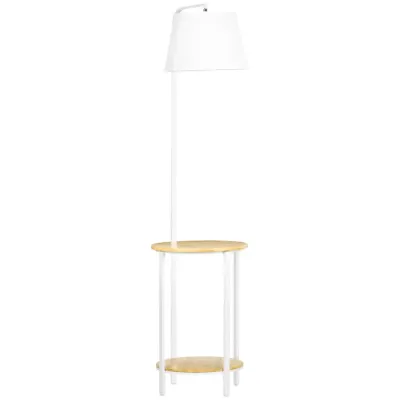 Golvlampa med 2 Hyllor i Bambu och Tygskärm E27, Vit