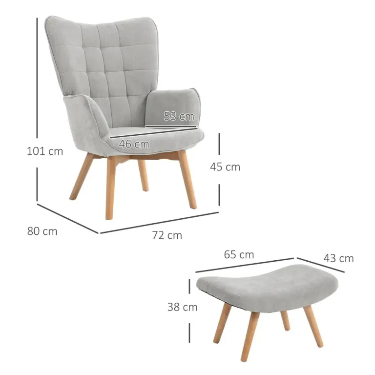 Vingstol Fåtölj Grå av Manchesterlook och Trä Relaxstol Fotpall