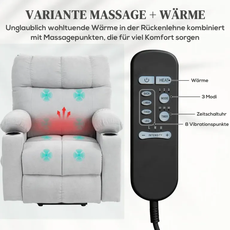 Seniorvilstol med Fjärrkontroll Ljusgrå Avslappningsfåtölj Lyfthjälp