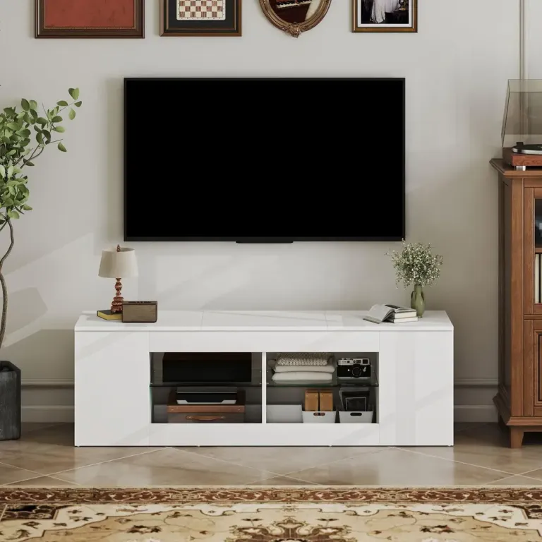 TV-Bänk Vit Spånskiva och Glas Mediamöbel 6 Fack 140 cm Hyllor