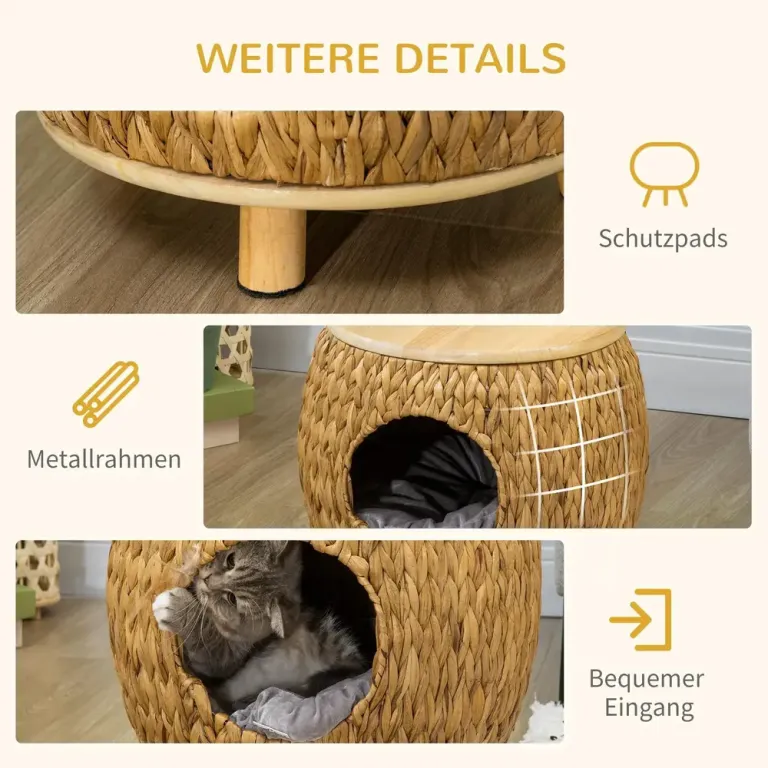 Kattgrotta i Vattenhyacint 2-i-1 Flätad Kattkoja Sittpall Rotting
