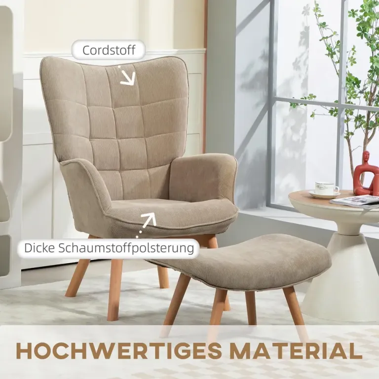 Vingstol Fåtölj Brun av Manchesterlook och Trä Relaxstol Fotpall