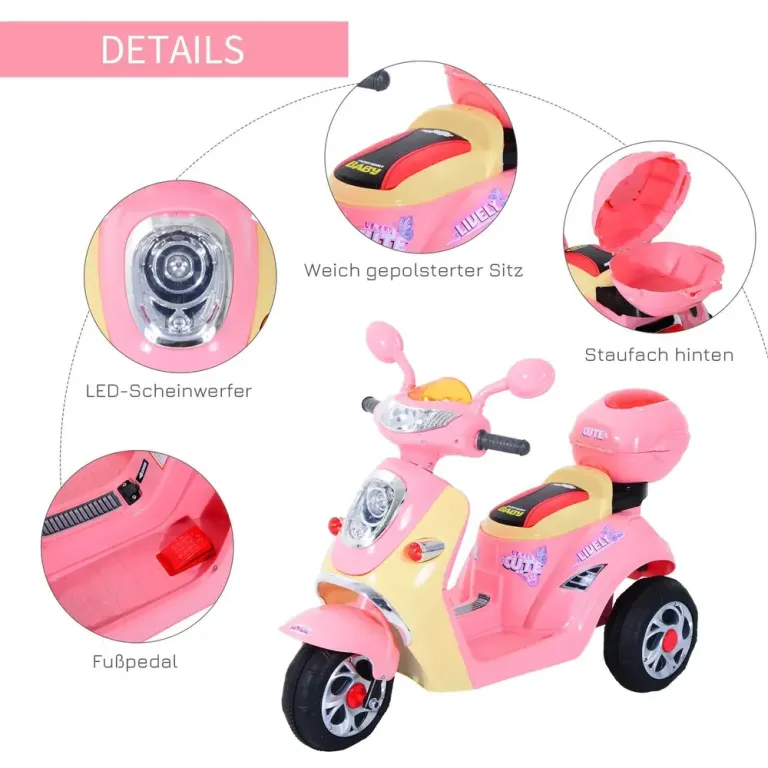 Elmotorcykel för Barn Elbil Trehjuling Cm Rosa