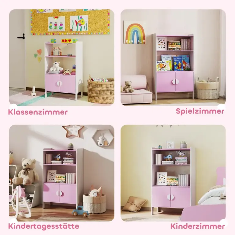 Barnbokhylla 2 Hyllor 2 Skåp med Tippskydd Rosa
