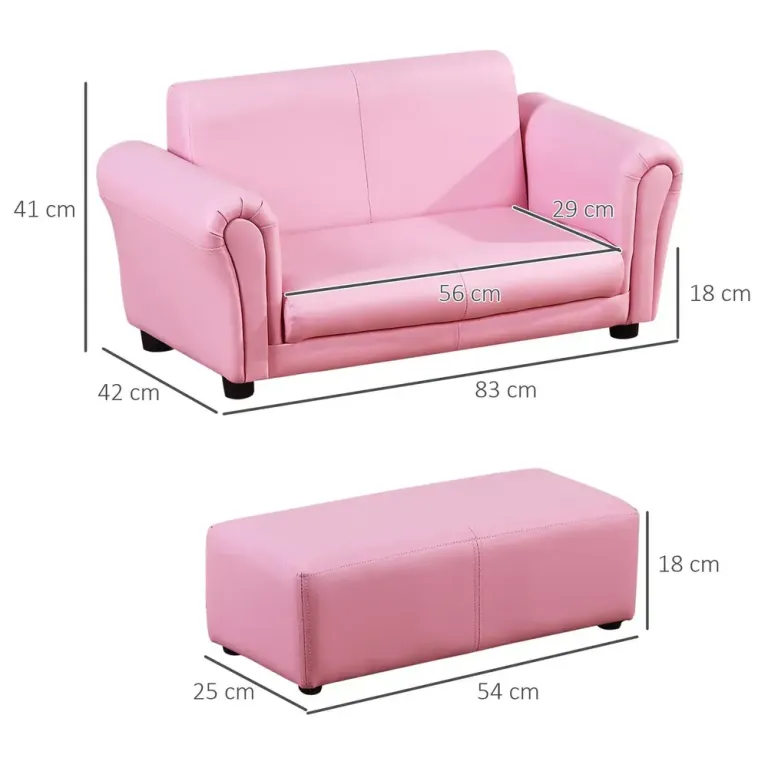 Barnfåtölj med Fotpall och Minisoffa 83 x 42 cm, Rosa