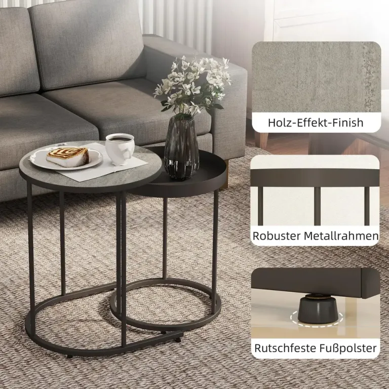Satsbord 2 Delar Grå Metall Soffbord med Bricka Stapelbara Nestbara