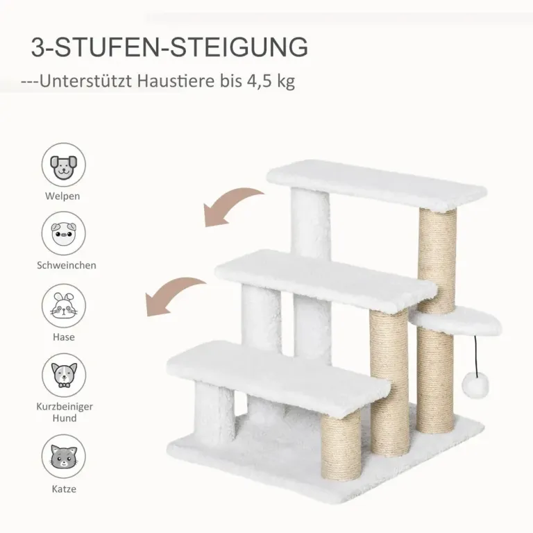 Katttrappa 3 Steg med Klöspelare, Vit
