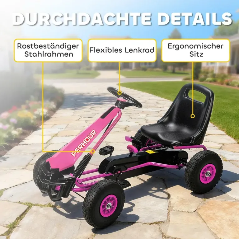 Trampbil Go-Kart Rosa Metall och Plast för Barn 3-8 År Pedal Gokart