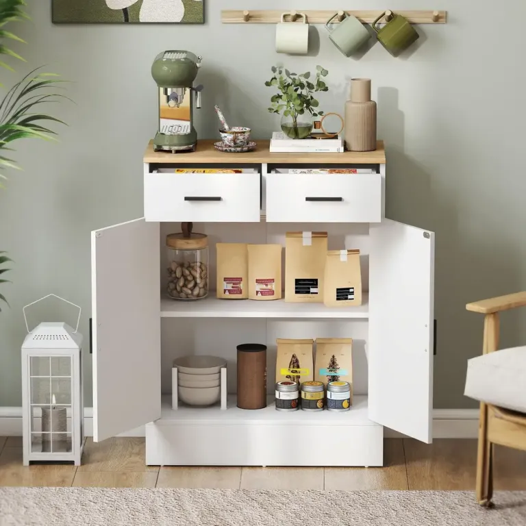 Skänk med Lådor och Skåp Natur Trä och Vit MDF Rymlig Sideboard Sänk