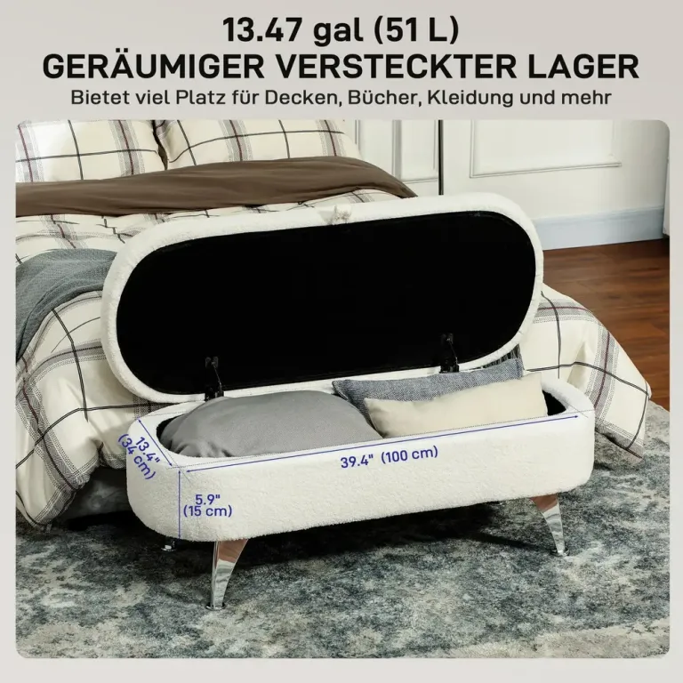 Bänk Förvaringsbänk Vit av Teddy Sammet Oval Fleece Silverben