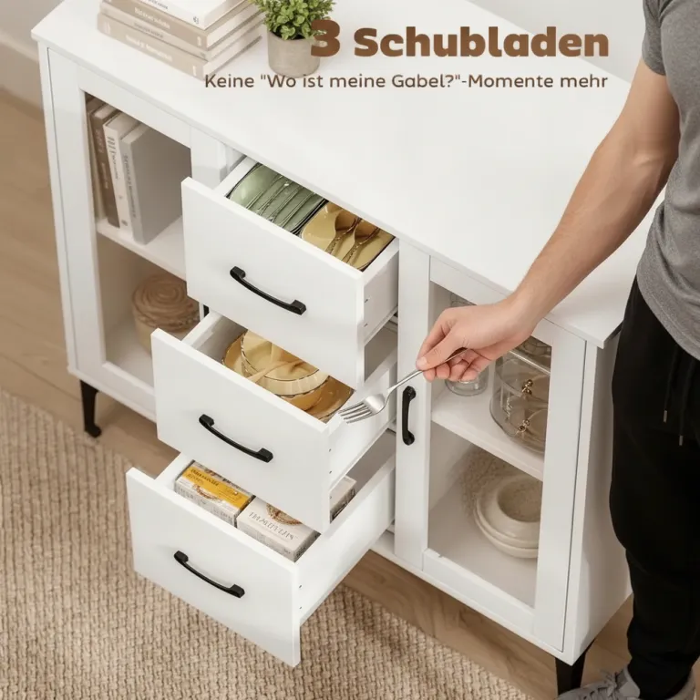 Sideboard med Mjukstängande Dörrar och 3 Lådor, Vit Vitt Skänk